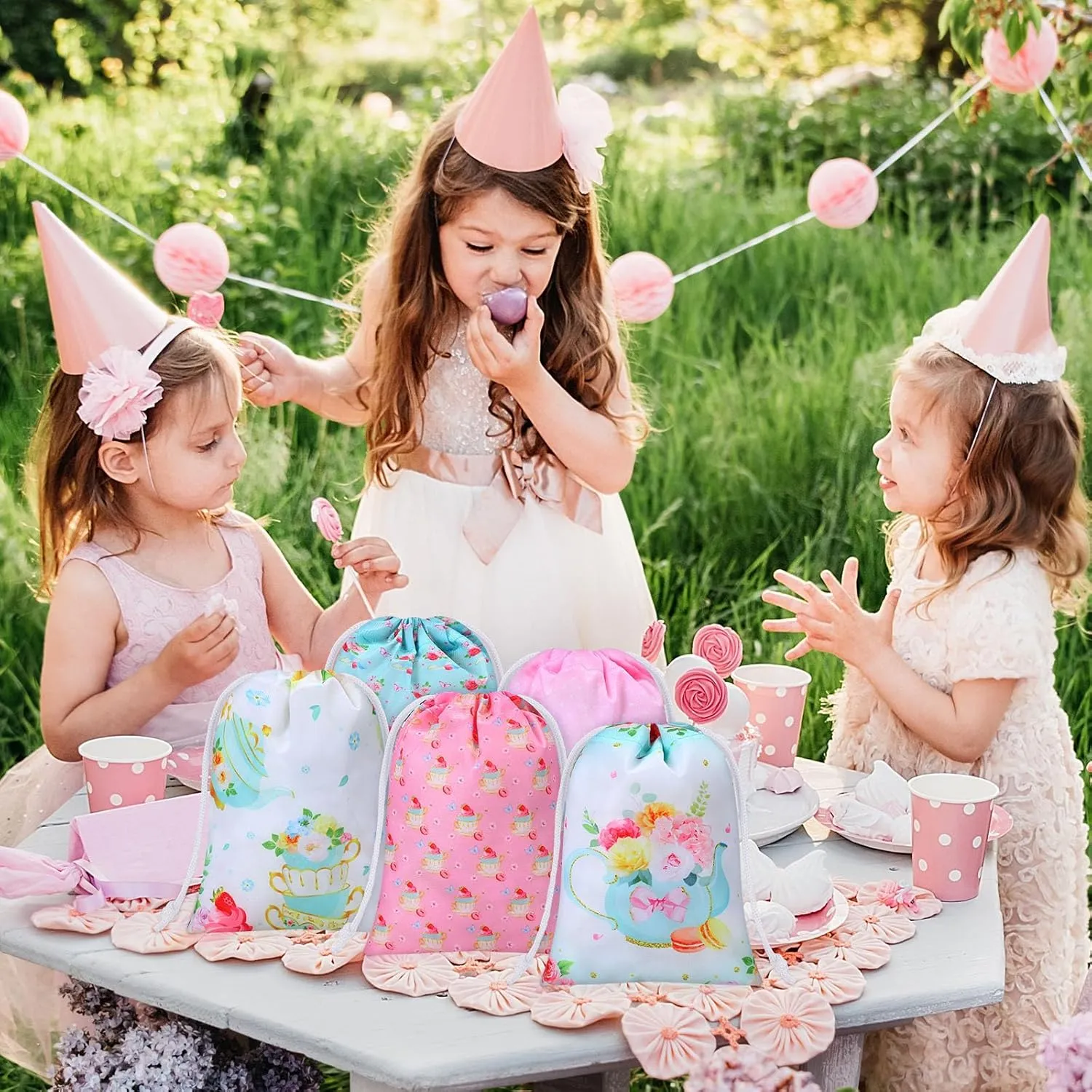 Faccito 24 Pieces Tea Party Favor Bags Tea Party Gift Drawstring Bags Floral Candy Goodies Treat Pouch for Birthday Baby Shower Favor Supplies