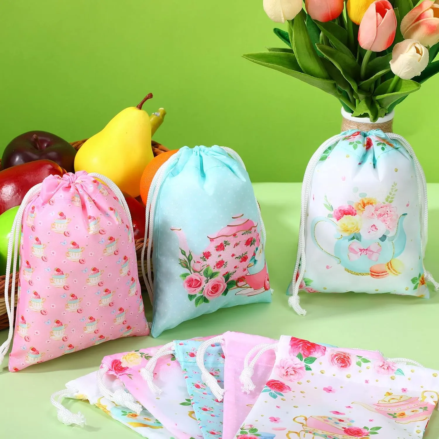 Faccito 24 Pieces Tea Party Favor Bags Tea Party Gift Drawstring Bags Floral Candy Goodies Treat Pouch for Birthday Baby Shower Favor Supplies