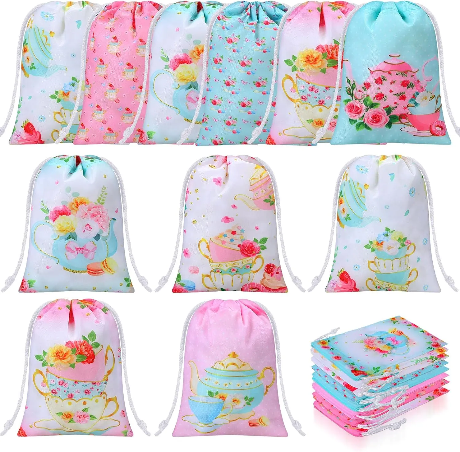 Faccito 24 Pieces Tea Party Favor Bags Tea Party Gift Drawstring Bags Floral Candy Goodies Treat Pouch for Birthday Baby Shower Favor Supplies