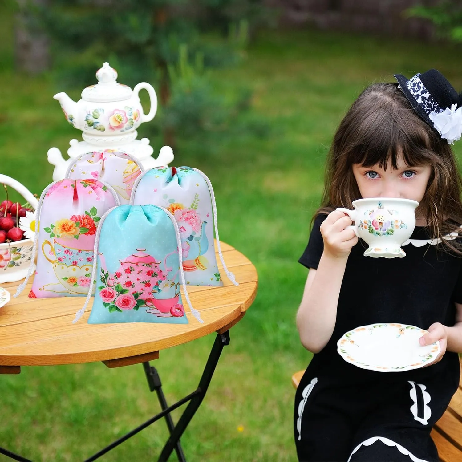 Faccito 24 Pieces Tea Party Favor Bags Tea Party Gift Drawstring Bags Floral Candy Goodies Treat Pouch for Birthday Baby Shower Favor Supplies