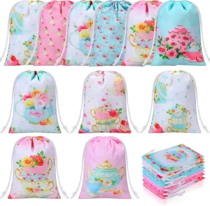 Faccito 24 Pieces Tea Party Favor Bags Tea Party Gift Drawstring Bags Floral Candy Goodies Treat Pouch for Birthday Baby Shower Favor Supplies