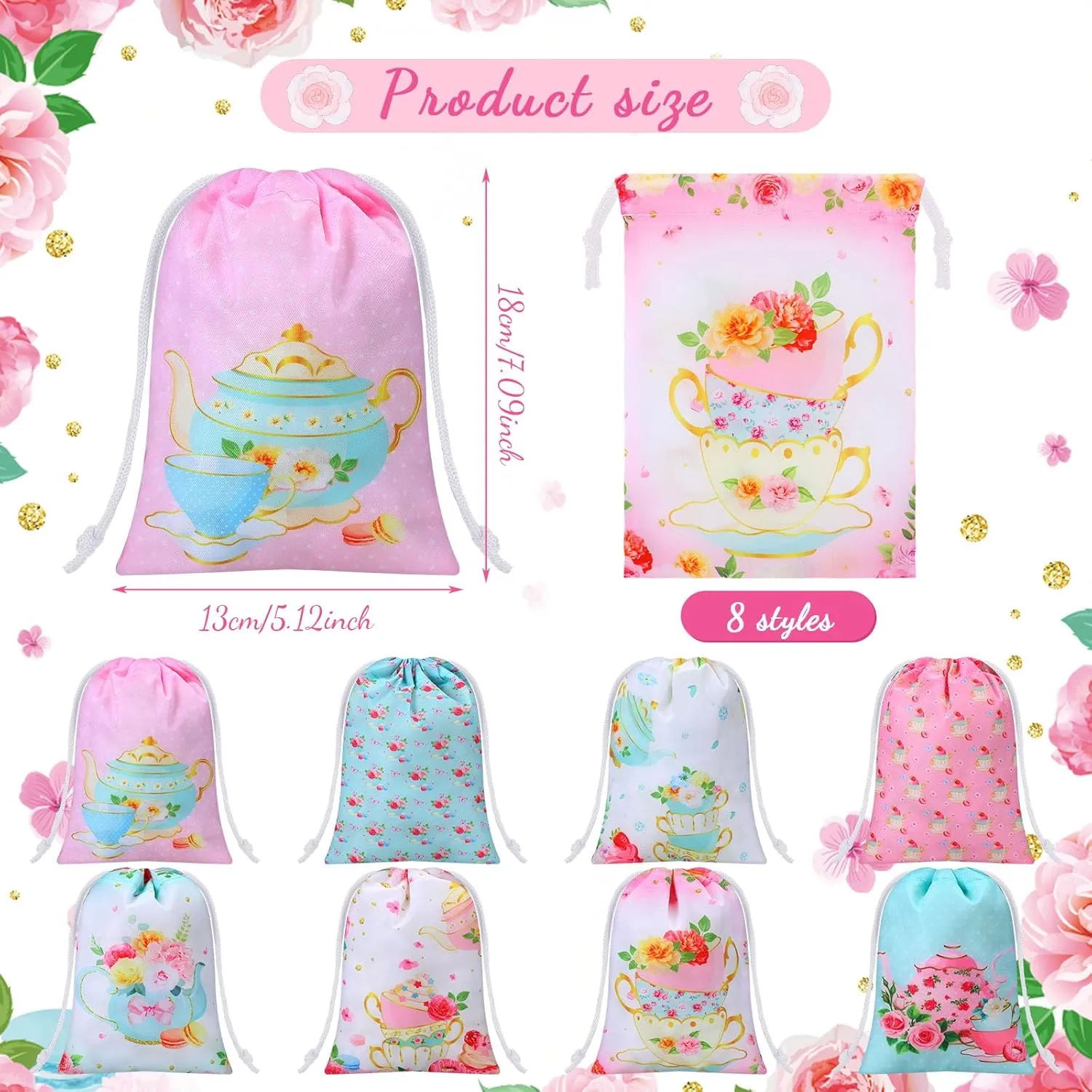 Faccito 24 Pieces Tea Party Favor Bags Tea Party Gift Drawstring Bags Floral Candy Goodies Treat Pouch for Birthday Baby Shower Favor Supplies