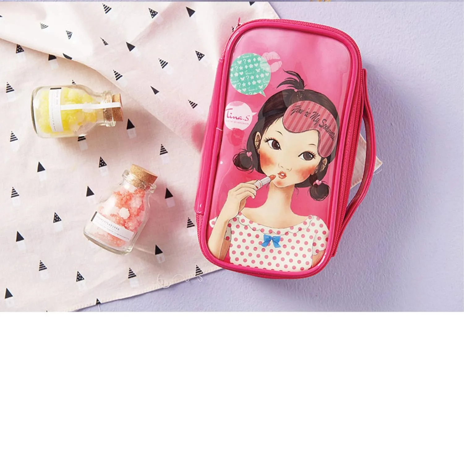 FASCY Korean Beauty Handle Pouch Water-Resistant Travel On The Go Zipper Womens Girls Nylon Carrying Case for Cosmetics, Makeup, Toiletry, Accessories Container, Makeup Tina