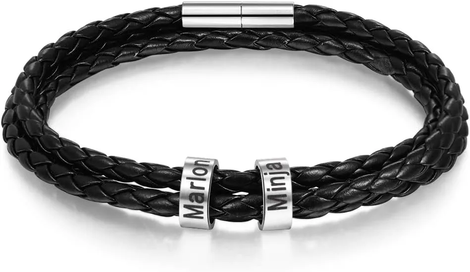 Father's Day Gifts Dad Bracelet Personalized Bead Bracelet for Men Custom Name Bracelet for Father Leather Bracelet Fathers Day Jewelry Gifts for Men Husband Grandpa
