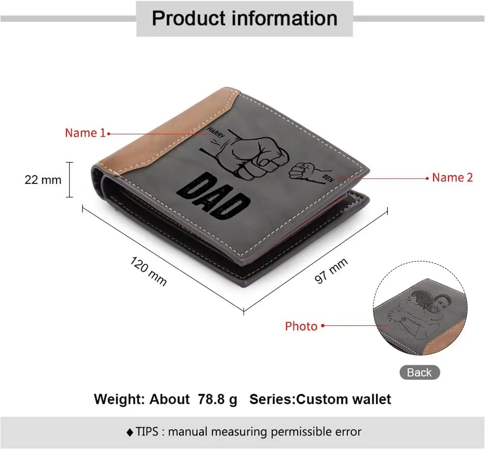 Fathers Day Wallet Gifts for Dad,Personalized Custom Wallets for Men Engraved Photo Wallet for Dad (2 Names Photo)