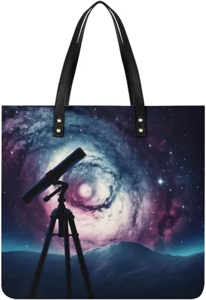 Faux Leather Hangbag for Women,Space Galaxy with Telescope Print Tote Bags,Leather Big Purses And Handbags for Work Dating Travel Shopping