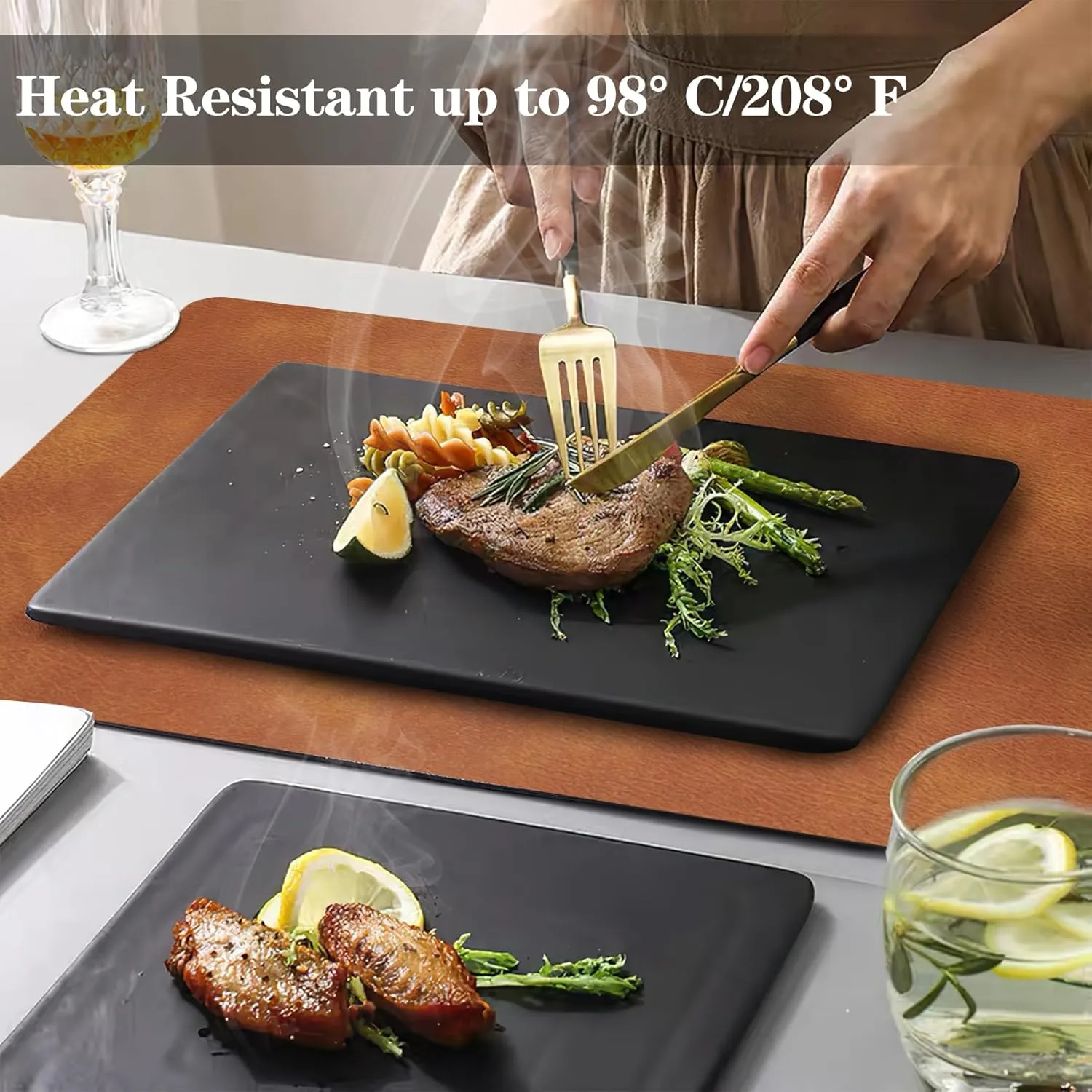 Faux Leather Placemats and Coasters Set of 4, Washable Reversible Placemats Cowhide Pattern Place Mats Waterproof Non-Slip Kitchen Dining Table Mats Drink Coasters (Gray Brown, 4)
