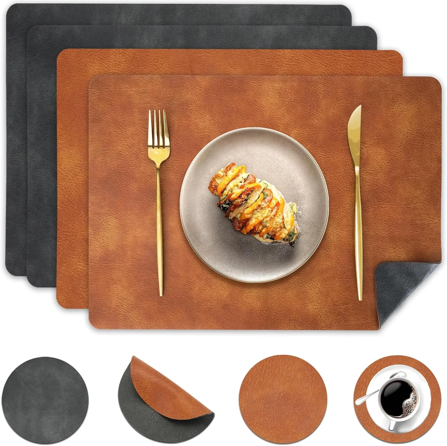 Faux Leather Placemats and Coasters Set of 4, Washable Reversible Placemats Cowhide Pattern Place Mats Waterproof Non-Slip Kitchen Dining Table Mats Drink Coasters (Gray Brown, 4)