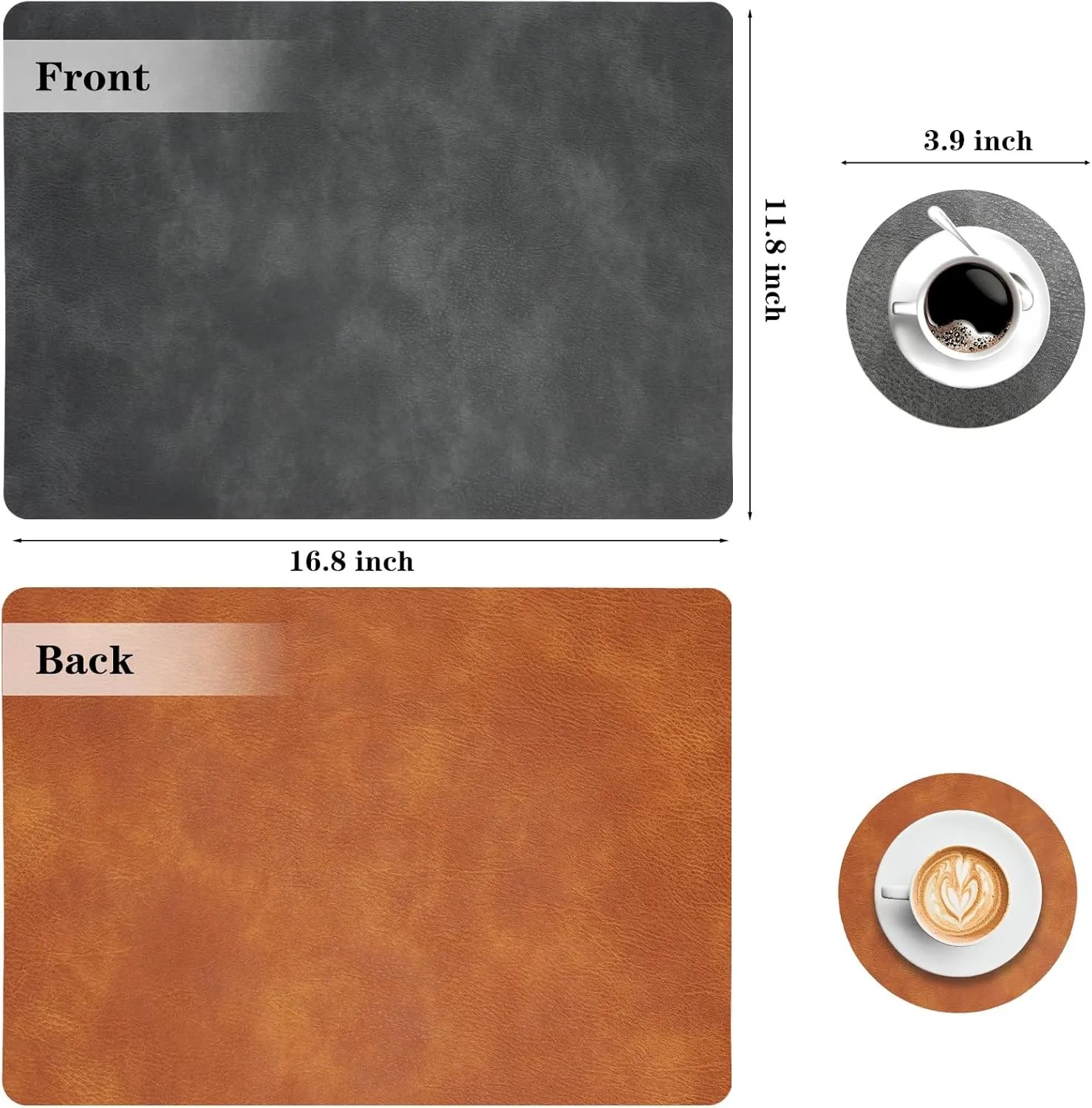 Faux Leather Placemats and Coasters Set of 4, Washable Reversible Placemats Cowhide Pattern Place Mats Waterproof Non-Slip Kitchen Dining Table Mats Drink Coasters (Gray Brown, 4)