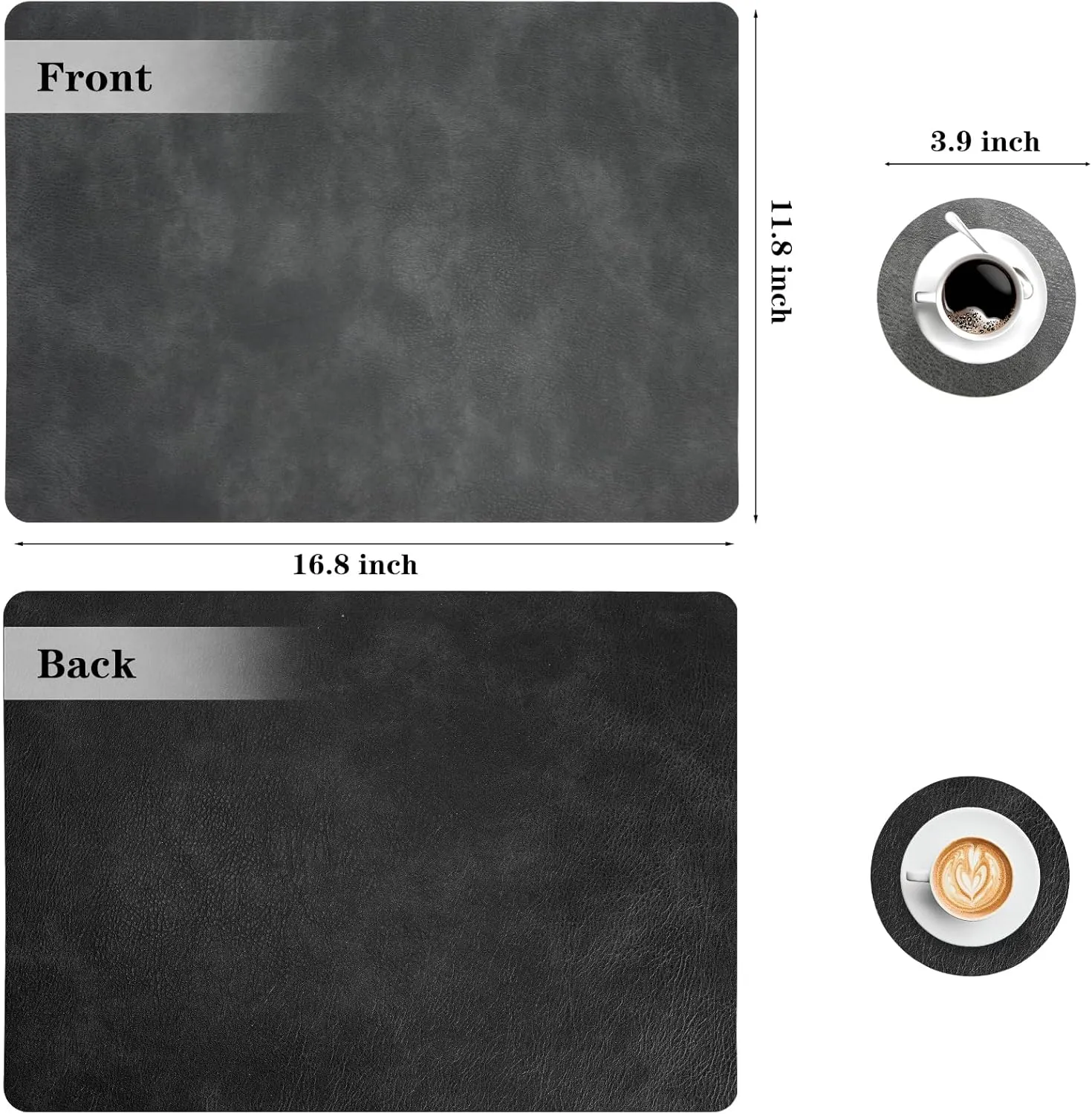 Faux Leather Placemats and Coasters, Washable Reversible Placemats Set of 6 Cowhide Pattern Place Mats Waterproof Non-Slip Kitchen Dining Table Mats Drink Coasters (Gray Black, 6)