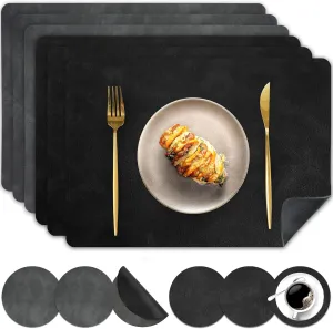 Faux Leather Placemats and Coasters, Washable Reversible Placemats Set of 6 Cowhide Pattern Place Mats Waterproof Non-Slip Kitchen Dining Table Mats Drink Coasters (Gray Black, 6)