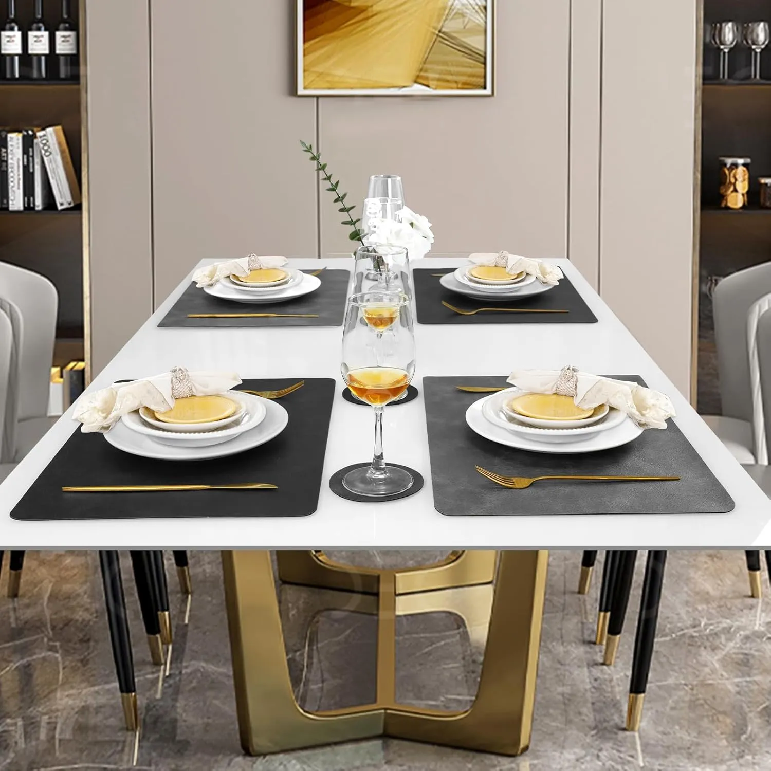 Faux Leather Placemats and Coasters, Washable Reversible Placemats Set of 6 Cowhide Pattern Place Mats Waterproof Non-Slip Kitchen Dining Table Mats Drink Coasters (Gray Black, 6)