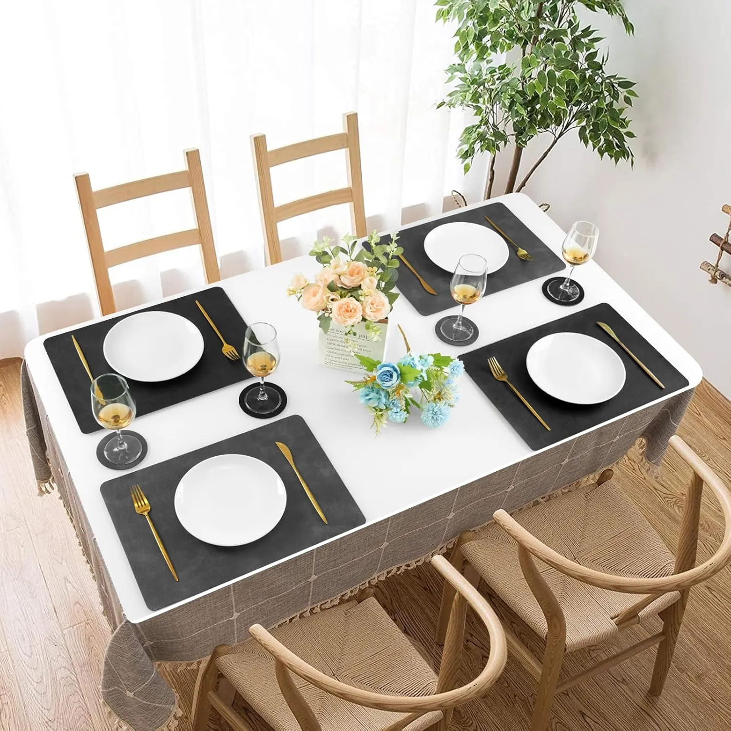 Faux Leather Placemats and Coasters, Washable Reversible Placemats Set of 6 Cowhide Pattern Place Mats Waterproof Non-Slip Kitchen Dining Table Mats Drink Coasters (Gray Black, 6)