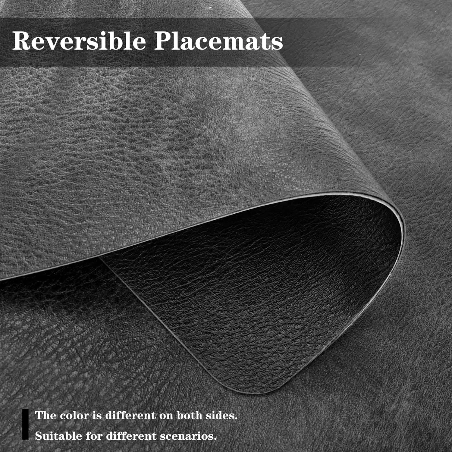 Faux Leather Placemats and Coasters, Washable Reversible Placemats Set of 6 Cowhide Pattern Place Mats Waterproof Non-Slip Kitchen Dining Table Mats Drink Coasters (Gray Black, 6)