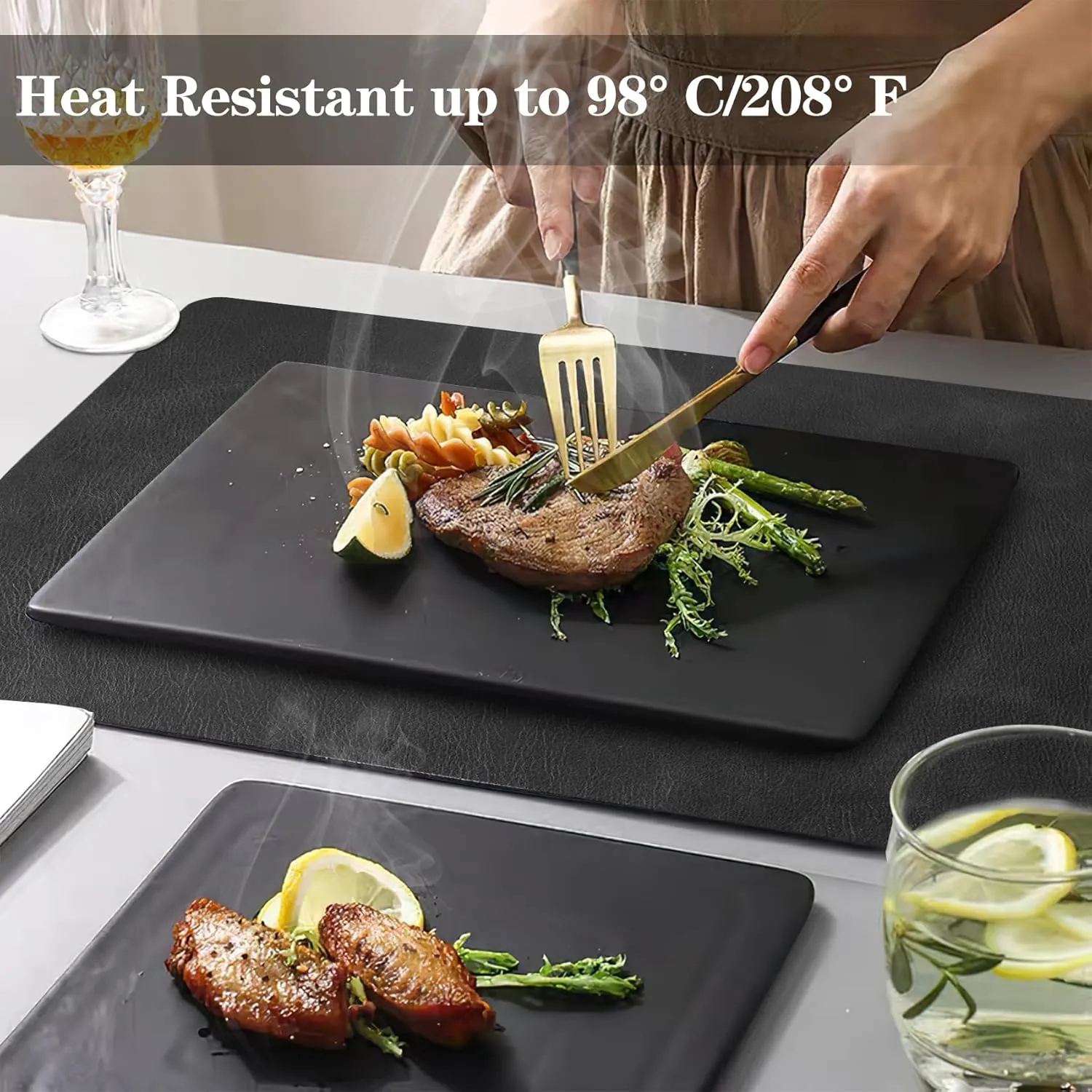Faux Leather Placemats and Coasters, Washable Reversible Placemats Set of 6 Cowhide Pattern Place Mats Waterproof Non-Slip Kitchen Dining Table Mats Drink Coasters (Gray Black, 6)
