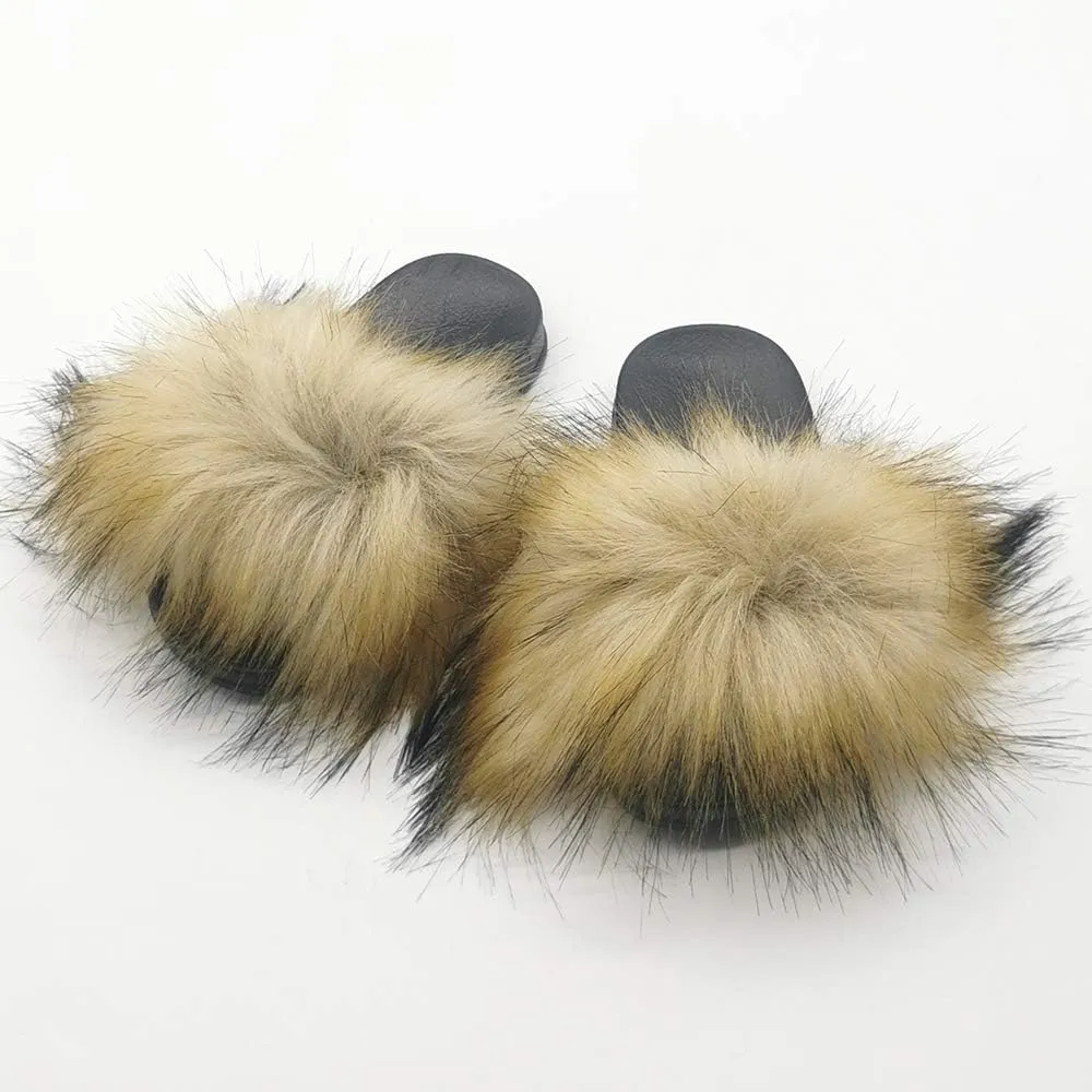 Faux Raccon Fur Slippers Slides For Girls Girls Fluffy House Slides Outdoor Indoor Baby Girls Open Toe Soft Fuzzy Fur Slippers
