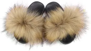 Faux Raccon Fur Slippers Slides For Girls Girls Fluffy House Slides Outdoor Indoor Baby Girls Open Toe Soft Fuzzy Fur Slippers