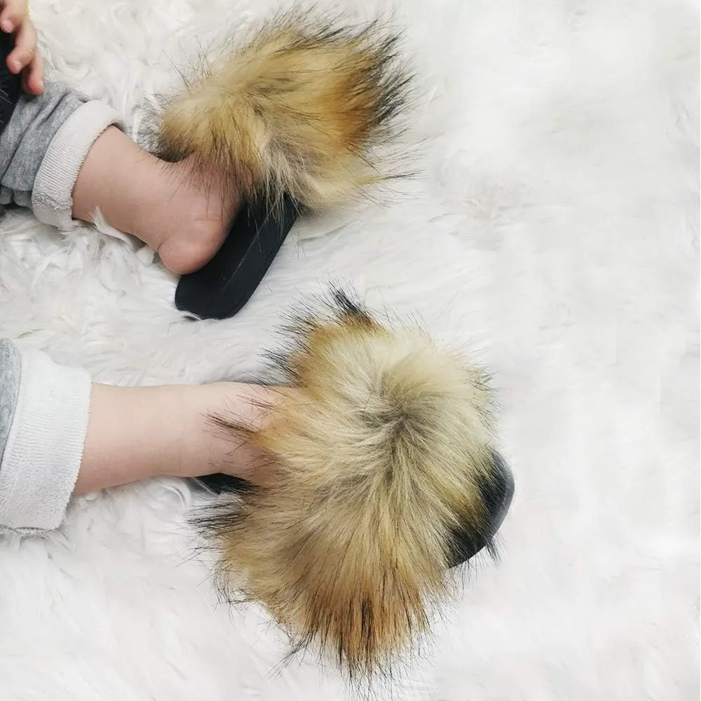 Faux Raccon Fur Slippers Slides For Girls Girls Fluffy House Slides Outdoor Indoor Baby Girls Open Toe Soft Fuzzy Fur Slippers
