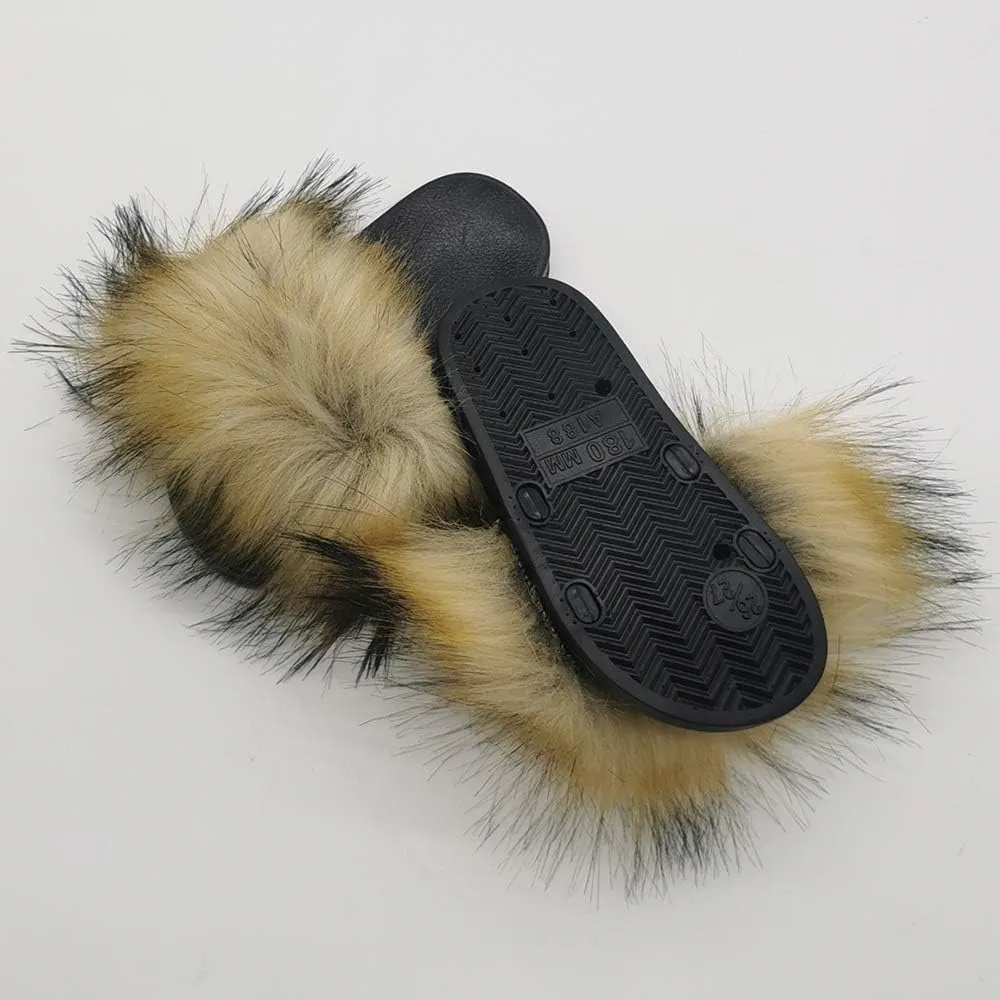 Faux Raccon Fur Slippers Slides For Girls Girls Fluffy House Slides Outdoor Indoor Baby Girls Open Toe Soft Fuzzy Fur Slippers
