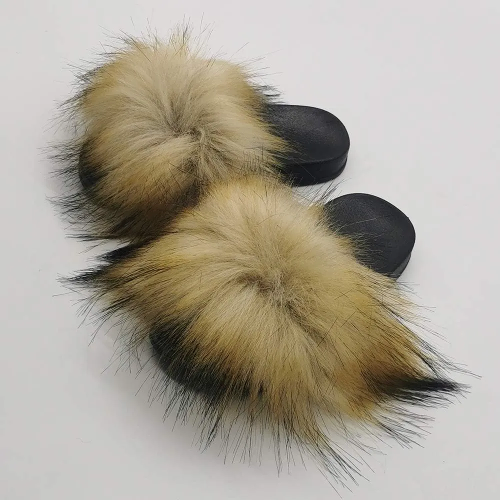 Faux Raccon Fur Slippers Slides For Girls Girls Fluffy House Slides Outdoor Indoor Baby Girls Open Toe Soft Fuzzy Fur Slippers
