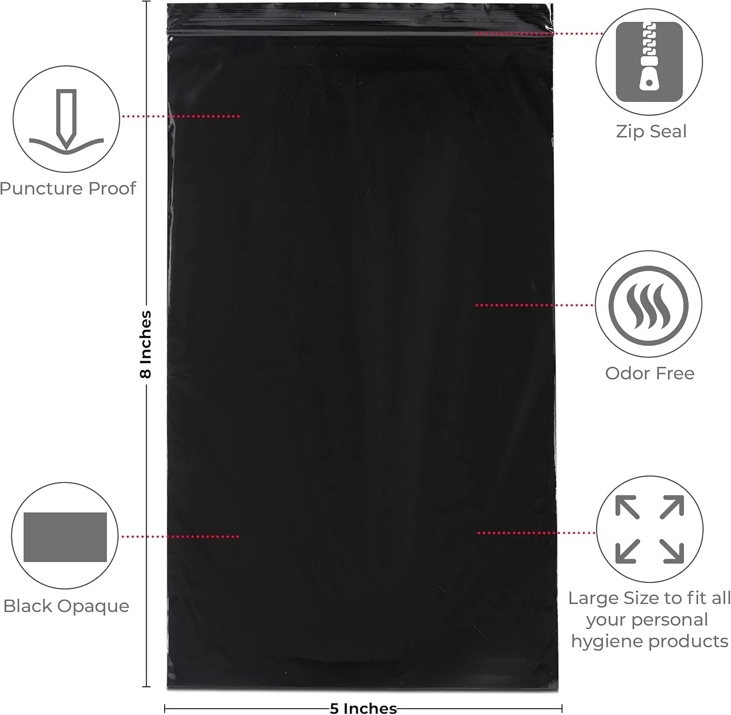 Feminine Personal Disposal Bags Refill Pack- Black Opaque Bags for Sanitary Disposal, Discreet Disposal for Tampons, Pads, and Liners (100 Refill Bags)