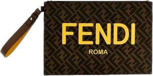 FENDI Coated Canvas Brown and Yellow Zucca Print Large Pouch Wristlet