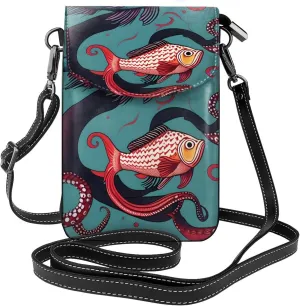 Fish And Octopus Print Small Cell Phone Leather Purse Adjustable Shoulder Rope Crossbody Bags For Women