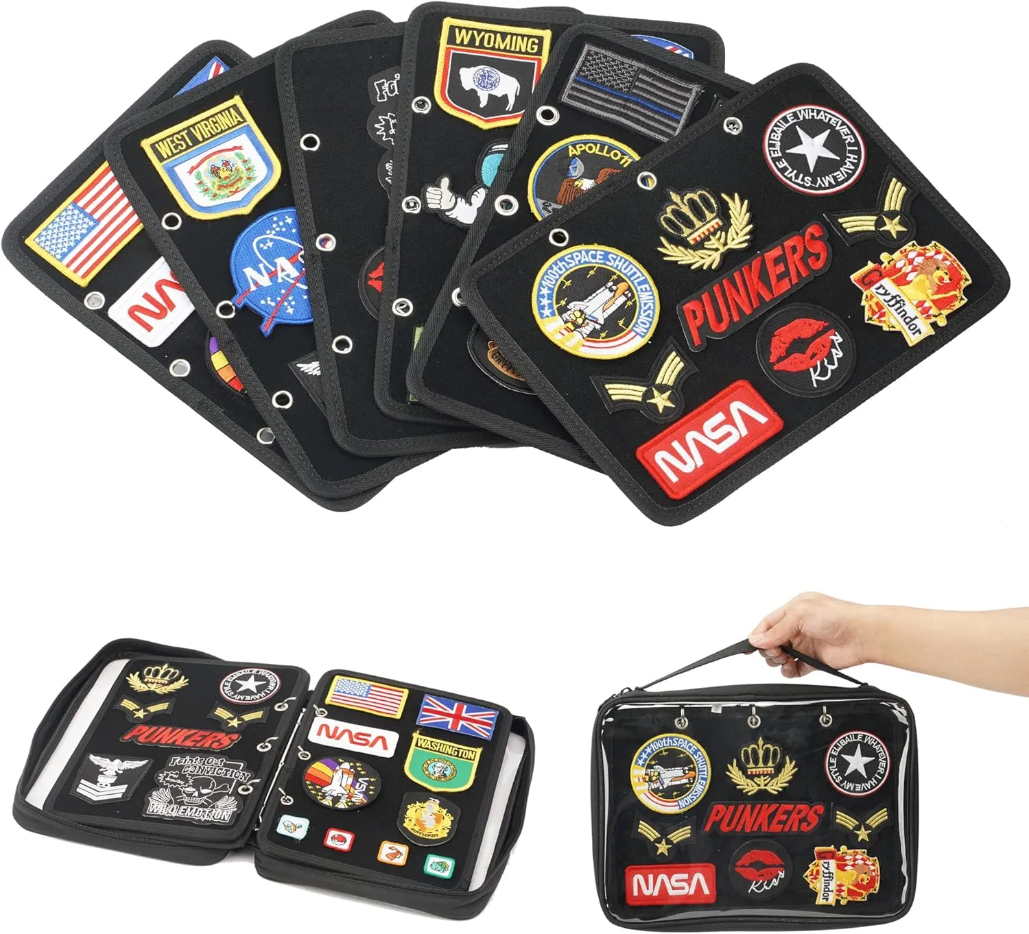 Flip Page Patch Book Patch Organizer Storage Zippered Clear Handbag with Removable Metal Ring Binders Contain 6 Flip-Page for Patch Collector (Black) (Black)