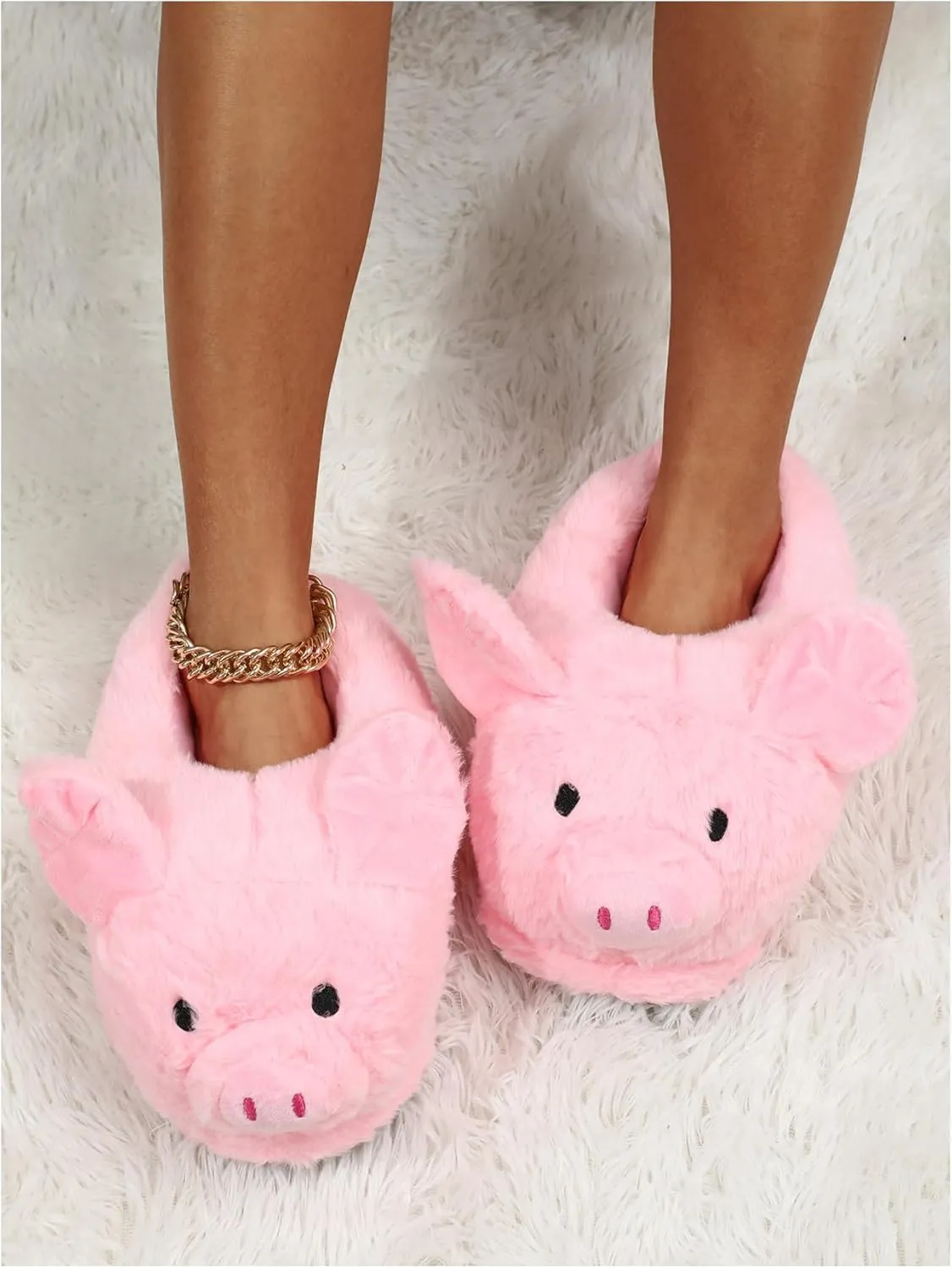 Floerns Women's Cute Pig Funny Slippers Closed Toe Furry Faux Fur Warm Home Shoes