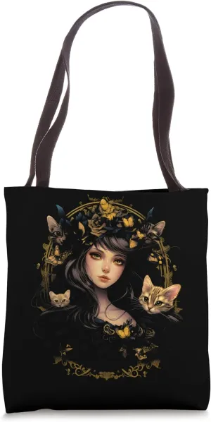 Floral Beauty Portrayal Surrounded By Her Little Cats Tote Bag
