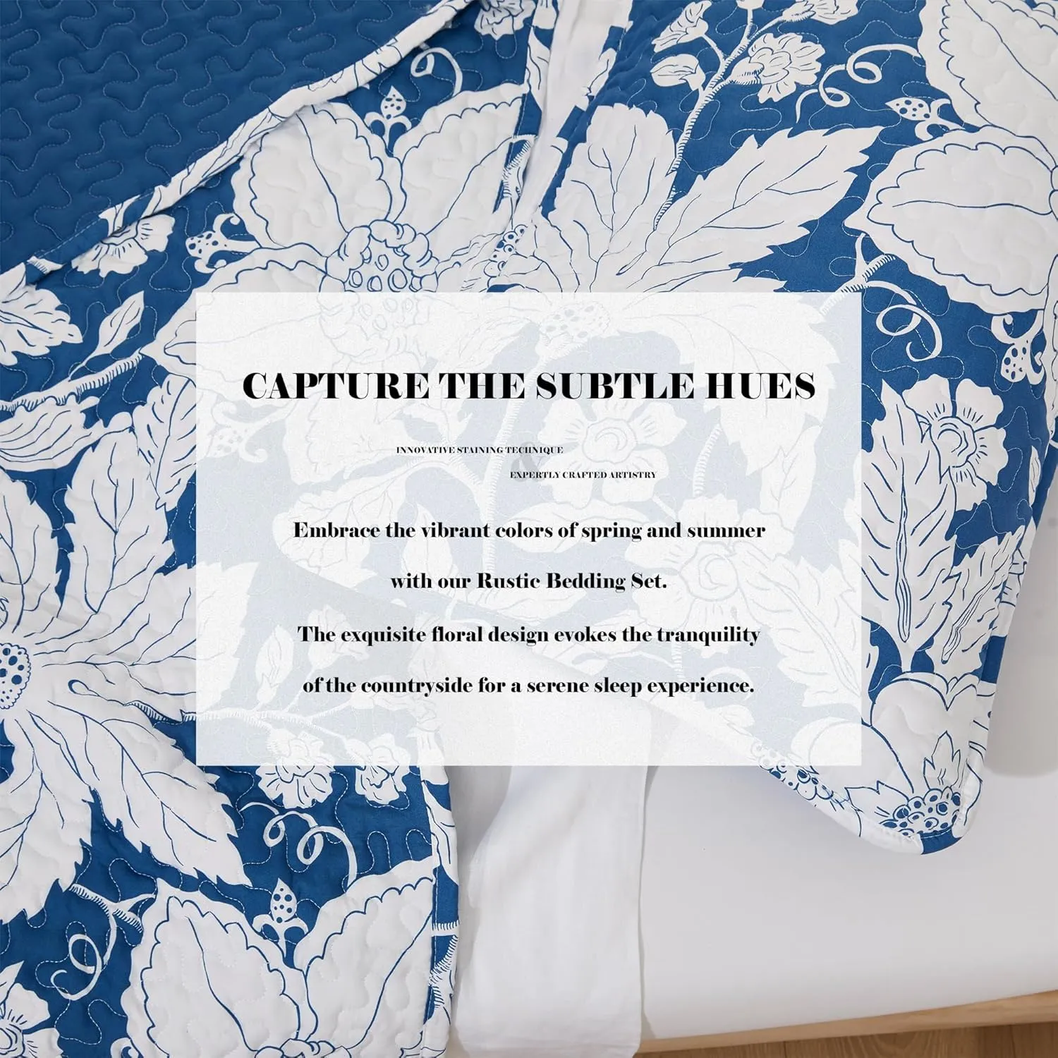 Floral Bedding Quilt Set Bedspread - Blue Floral Quilt Lightweight Reversible Dyed Oversized Bed Spread Coverlet with 2 Pillowsham for Home All Season Tropical Luxury Royal (Oversized King)