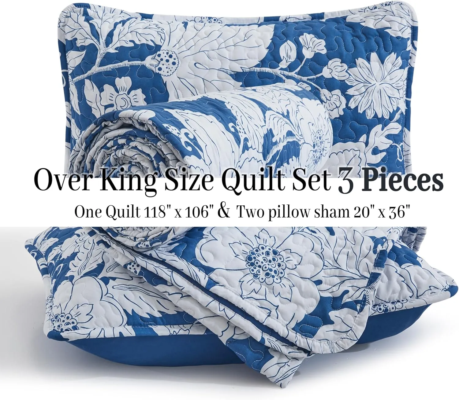 Floral Bedding Quilt Set Bedspread - Blue Floral Quilt Lightweight Reversible Dyed Oversized Bed Spread Coverlet with 2 Pillowsham for Home All Season Tropical Luxury Royal (Oversized King)