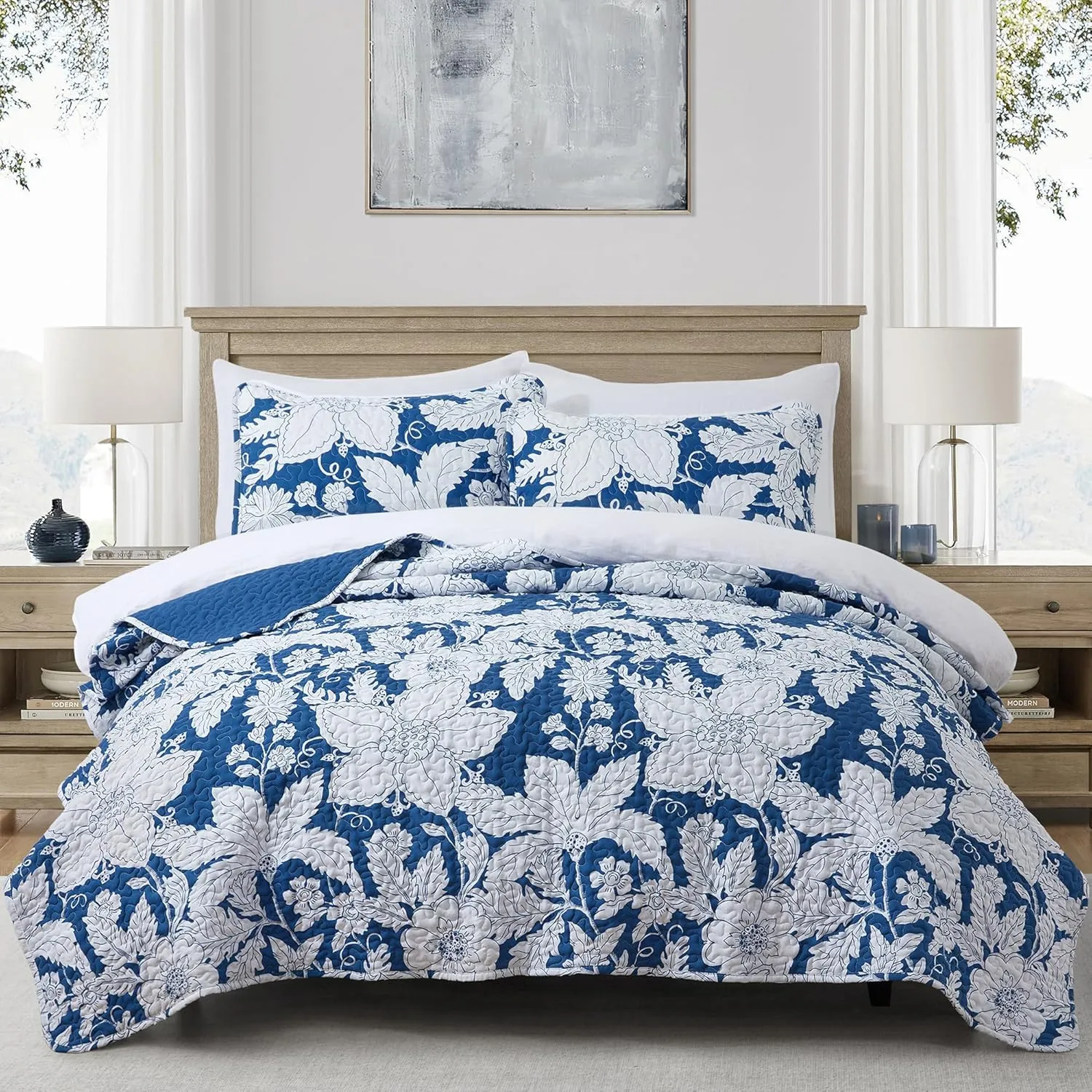 Floral Bedding Quilt Set Bedspread - Blue Floral Quilt Lightweight Reversible Dyed Oversized Bed Spread Coverlet with 2 Pillowsham for Home All Season Tropical Luxury Royal (Oversized King)
