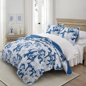 Floral Bedding Quilt Set Bedspread - Blue Floral Quilt Lightweight Reversible Dyed Oversized Bed Spread Coverlet with 2 Pillowsham for Home All Season Tropical Luxury Royal (Oversized King)