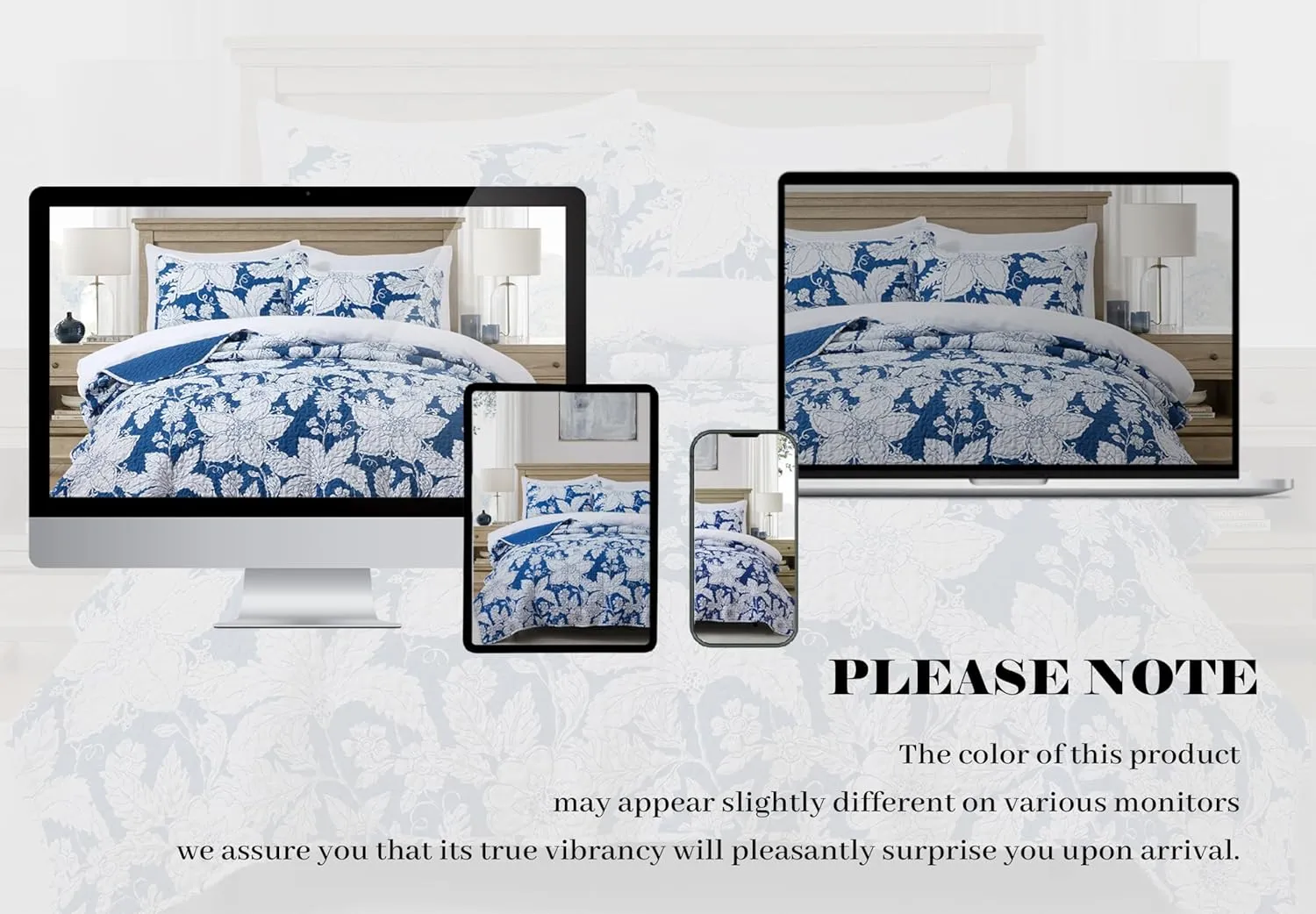Floral Bedding Quilt Set Bedspread - Blue Floral Quilt Lightweight Reversible Dyed Oversized Bed Spread Coverlet with 2 Pillowsham for Home All Season Tropical Luxury Royal (Oversized King)