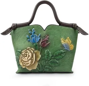 Floral Genuine Leather Women's Purse Handbag Cowhide Tote Bag Vintage Shoulder Bag Ladies Crossbody Bags