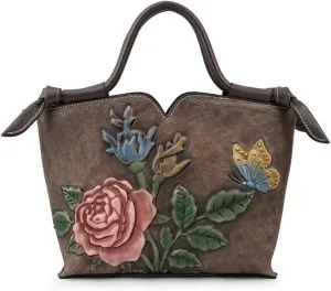 Floral Genuine Leather Women's Purse Handbag Cowhide Tote Bag Vintage Shoulder Bag Ladies Crossbody Bags