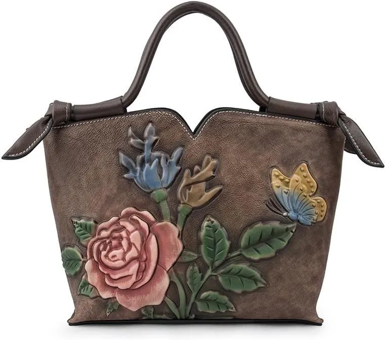 Floral Genuine Leather Women's Purse Handbag Cowhide Tote Bag Vintage Shoulder Bag Ladies Crossbody Bags