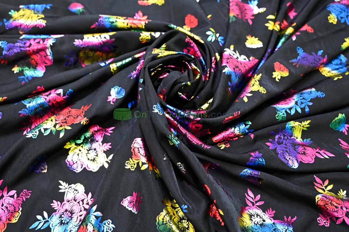 Floral Holographic Foil on Peach Skin Fabric | 58” Wide | Soft & Sparkling for Fashion & Costumes