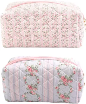Floral Makeup Bag, Cute Quilted Makeup Toiletry Bag, Zipper Cosmetic Pouch, Daily Travel Use Skincare Bag, Multipurpose Organizer Bag (2Pack Pink   Blue), CS004