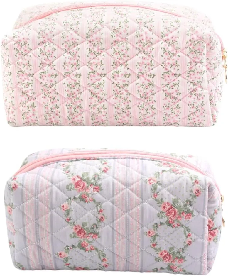 Floral Makeup Bag, Cute Quilted Makeup Toiletry Bag, Zipper Cosmetic Pouch, Daily Travel Use Skincare Bag, Multipurpose Organizer Bag (2Pack Pink   Blue), CS004