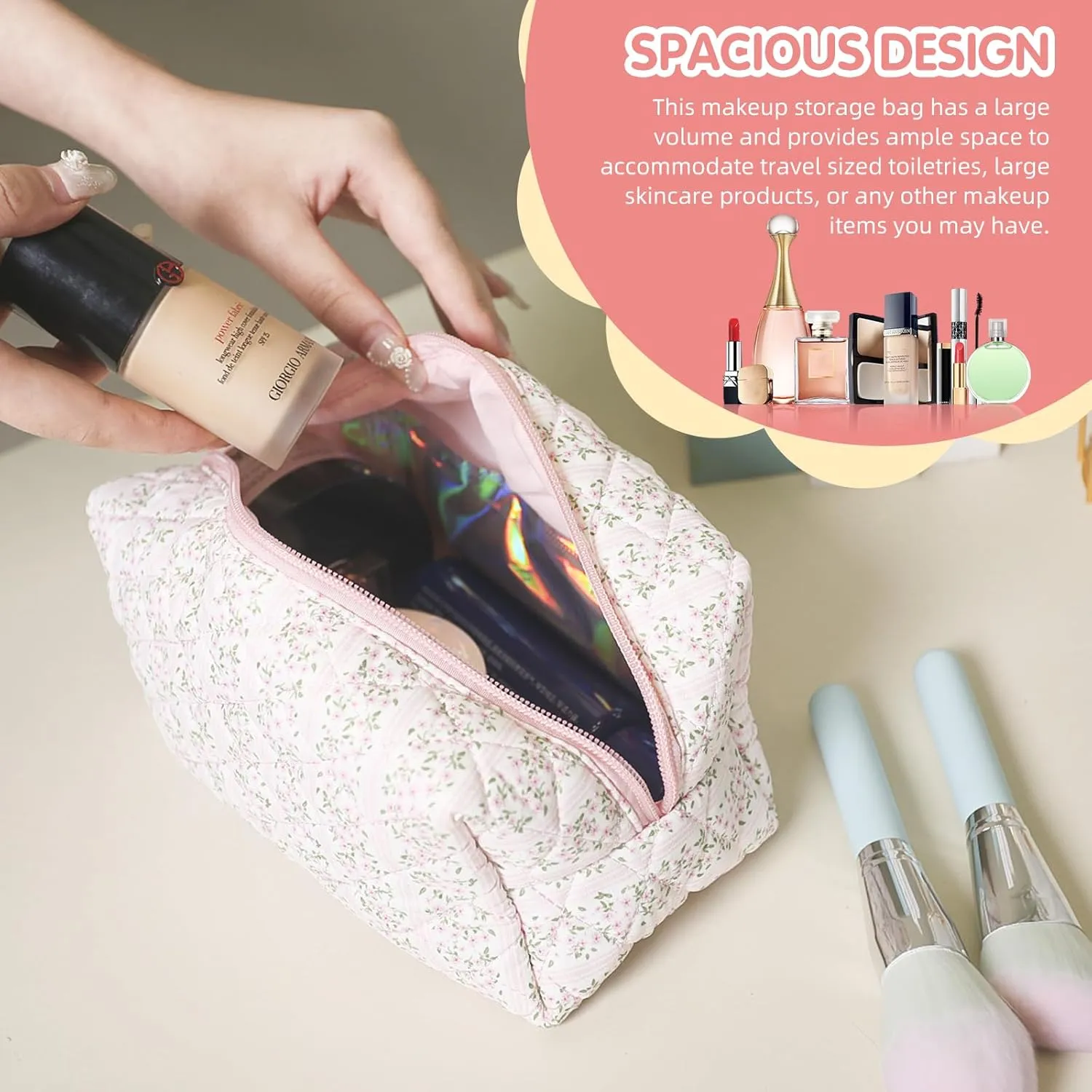 Floral Makeup Bag, Cute Quilted Makeup Toiletry Bag, Zipper Cosmetic Pouch, Daily Travel Use Skincare Bag, Multipurpose Organizer Bag (2Pack Pink   Blue), CS004