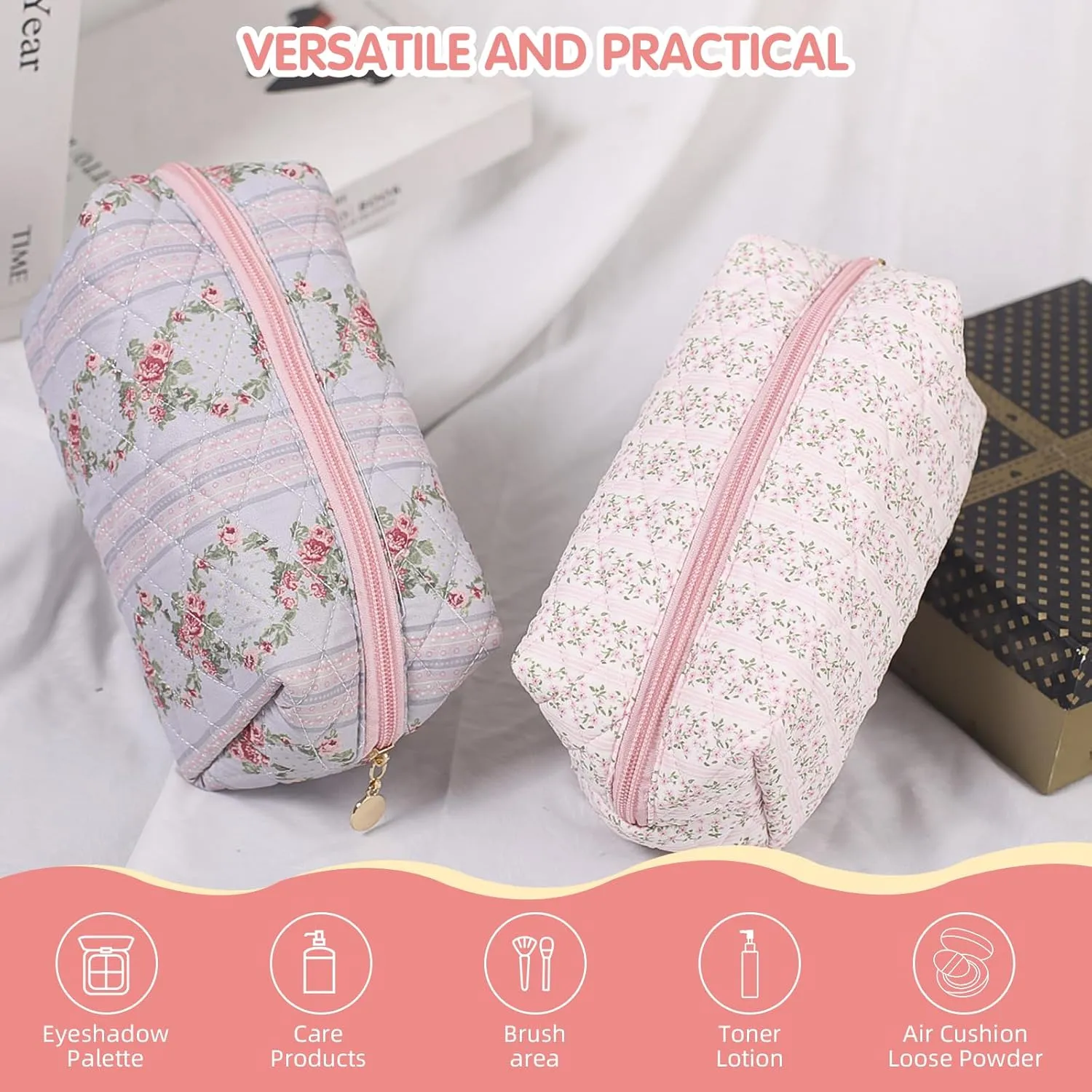 Floral Makeup Bag, Cute Quilted Makeup Toiletry Bag, Zipper Cosmetic Pouch, Daily Travel Use Skincare Bag, Multipurpose Organizer Bag (2Pack Pink   Blue), CS004