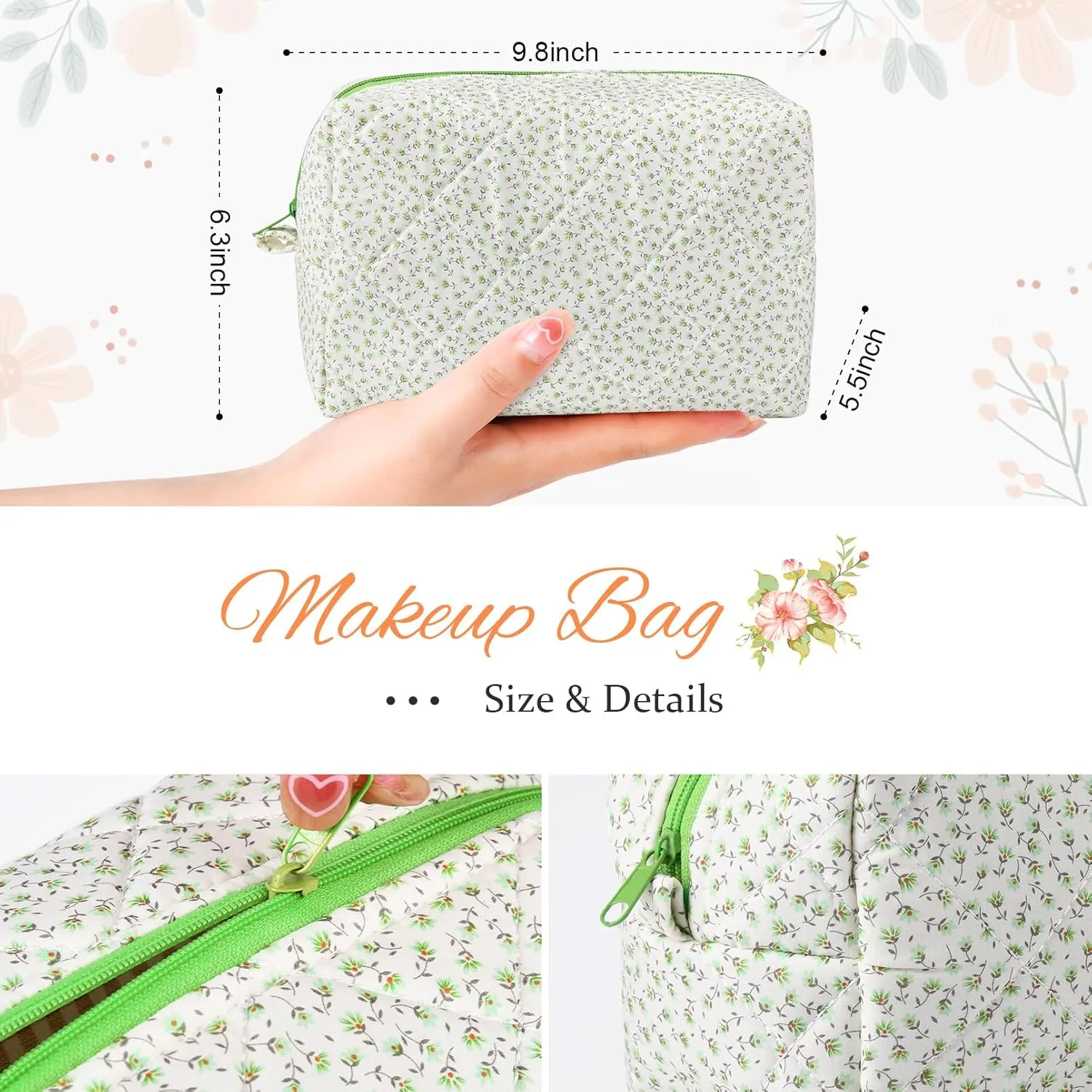 Floral Makeup Bag Quilted Cosmetic Bag Puffy Coquette Makeup Pouch Aesthetic Large Travel Toiletry Bag Organizer cotton Makeup Brushes Storage Bag for Women