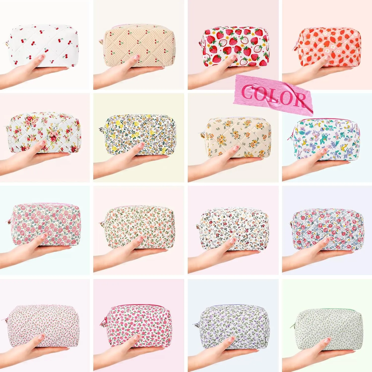 Floral Makeup Bag Quilted Cosmetic Bag Puffy Coquette Makeup Pouch Aesthetic Large Travel Toiletry Bag Organizer cotton Makeup Brushes Storage Bag for Women