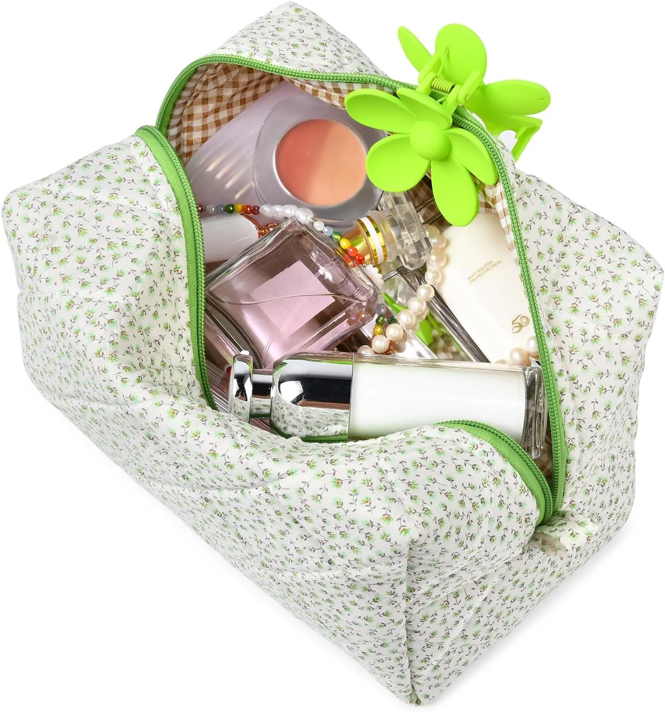Floral Makeup Bag Quilted Cosmetic Bag Puffy Coquette Makeup Pouch Aesthetic Large Travel Toiletry Bag Organizer cotton Makeup Brushes Storage Bag for Women