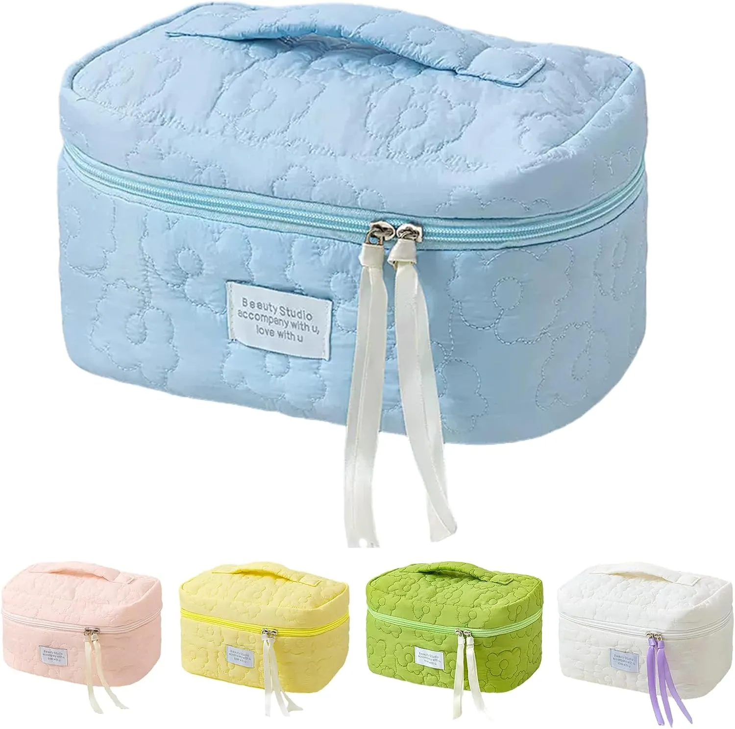 Floral Makeup Case, Cotton Inserts Puffy Quilted Makeup Toiletry Bag, Large Capacity Cosmetic Pouch, Daily Travel Use Skincare Bag with Handles, Multipurpose Organizer Bag (Sky Blue)