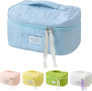 Floral Makeup Case, Cotton Inserts Puffy Quilted Makeup Toiletry Bag, Large Capacity Cosmetic Pouch, Daily Travel Use Skincare Bag with Handles, Multipurpose Organizer Bag (Sky Blue)