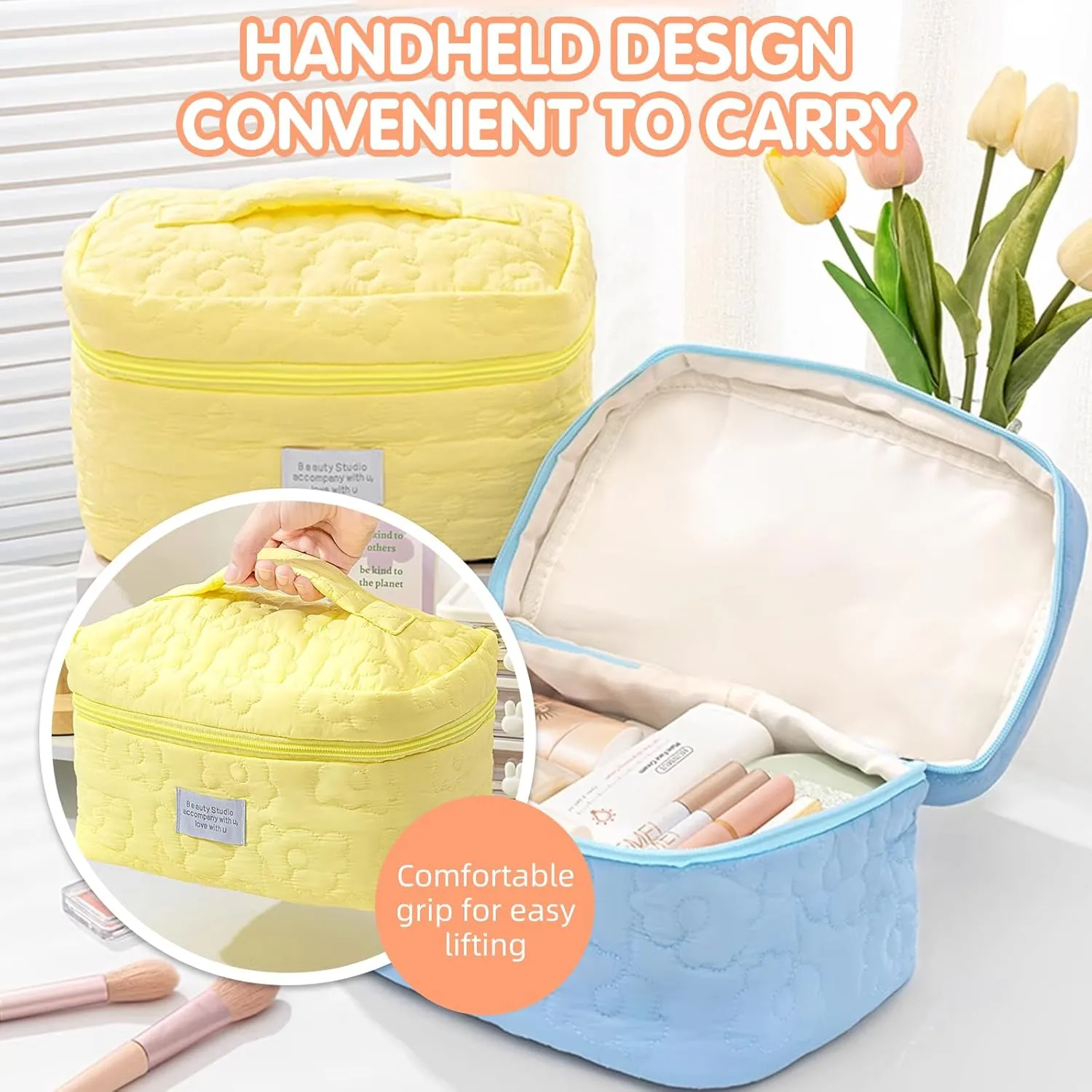 Floral Makeup Case, Cotton Inserts Puffy Quilted Makeup Toiletry Bag, Large Capacity Cosmetic Pouch, Daily Travel Use Skincare Bag with Handles, Multipurpose Organizer Bag (Sky Blue)