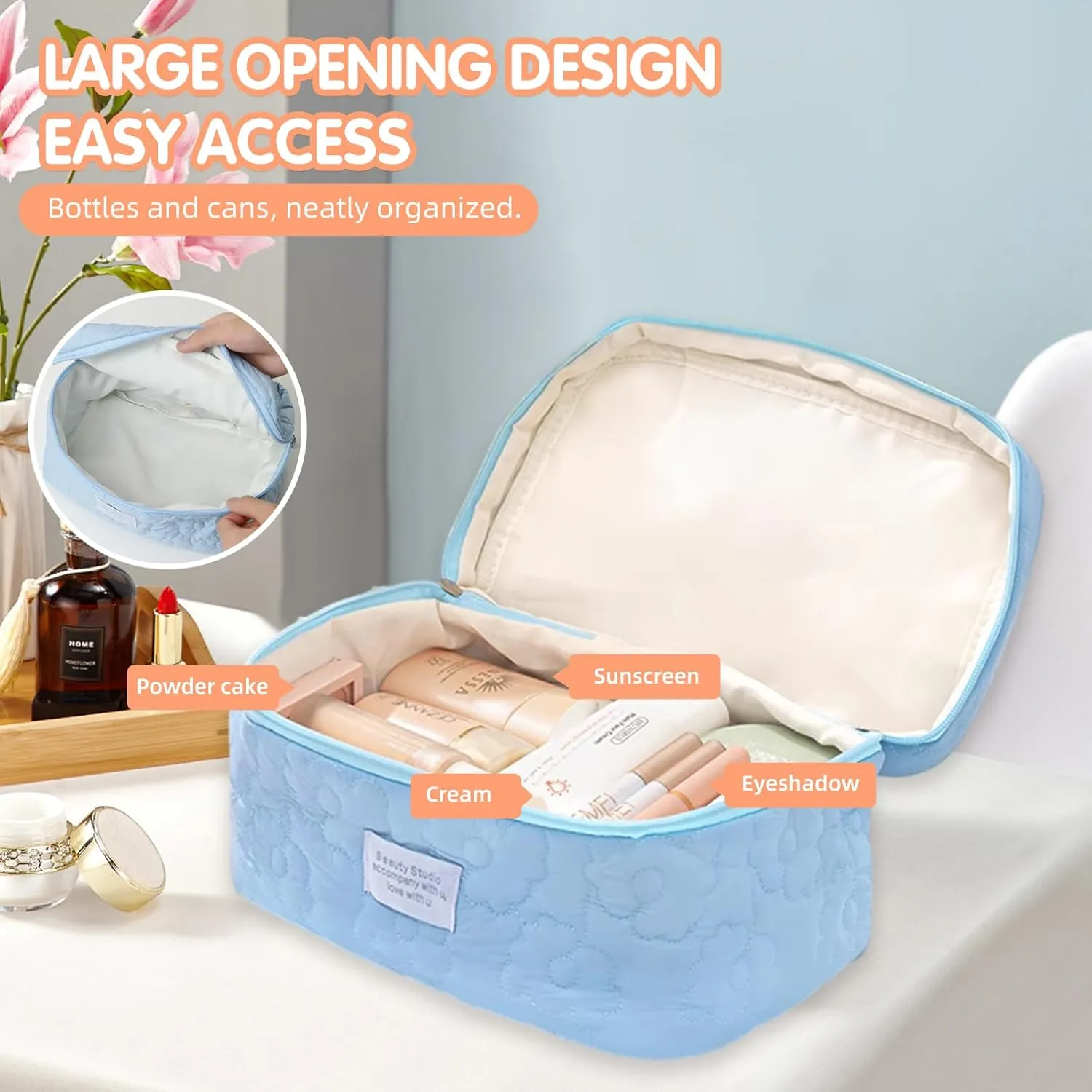 Floral Makeup Case, Cotton Inserts Puffy Quilted Makeup Toiletry Bag, Large Capacity Cosmetic Pouch, Daily Travel Use Skincare Bag with Handles, Multipurpose Organizer Bag (Sky Blue)